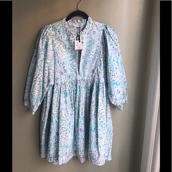 Zara Dresses & Skirts - NWT! Zara Blue Floral Poplin Printed Dress with Ruffle Trim Size: M
